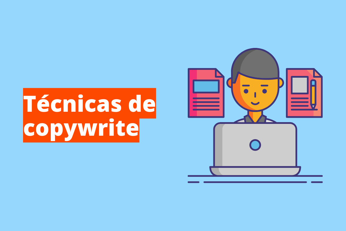 pessoa trabalhando em seu laptop. O fundo da imagem é azul e tem-se escrito técnicas de copywrite