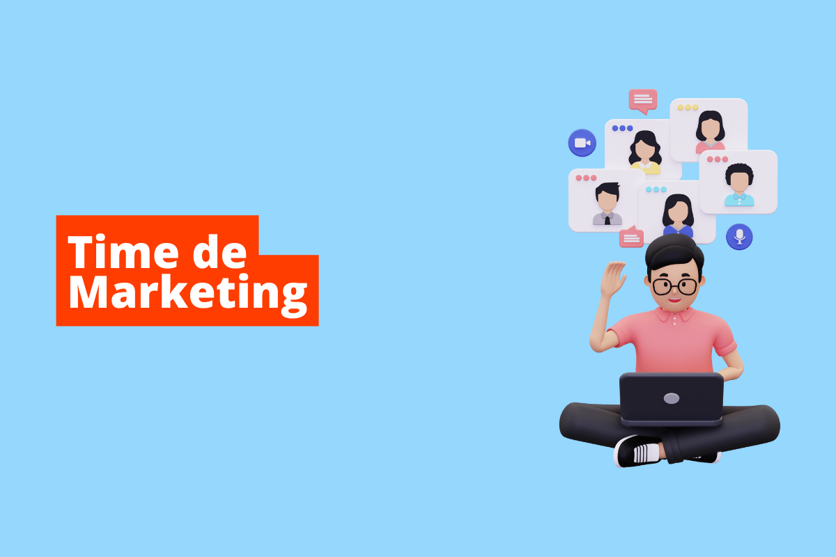 mulher trabalhando no laptop e várias páginas de redes sociais aparecendo acima de sua cabeça. O fundo da imagem é azul e tem-se escrito time de marketing