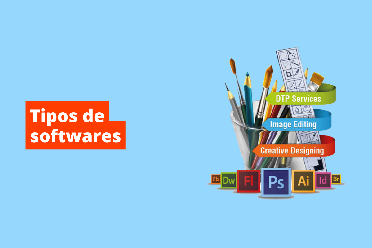 recipiente com vários lápis e, embaixo, os símbolos de vários programas. O fundo da imagem é azul e tem-se escrito tipos de softwares