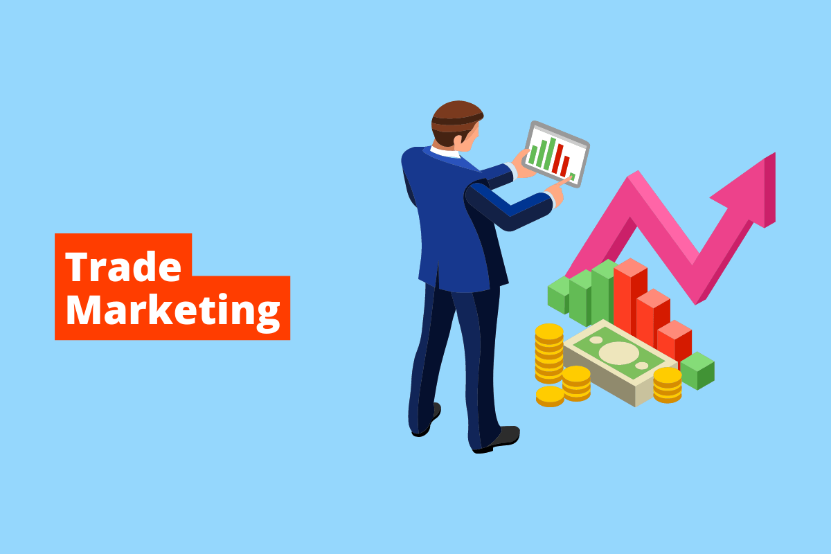 homem analisando gráficos. O fundo da imagem é azul e tem-se escrito trade marketing