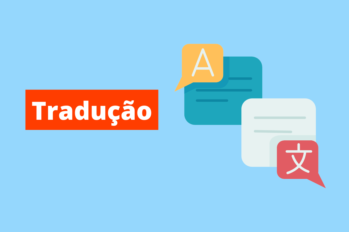 balões de texto. O fundo da imagem é azul e tem-se escrito tradução
