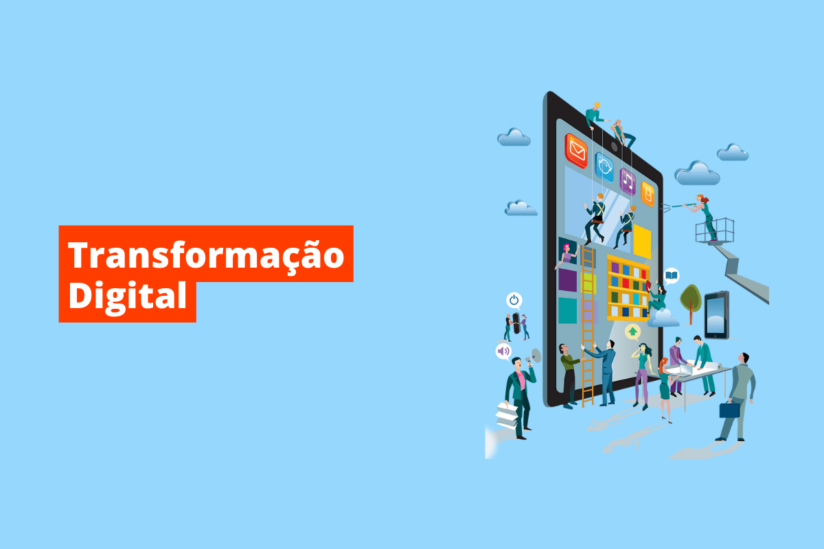várias pessoas saindo da tela de um tablet gigante. O fundo da imagem é azul e tem-se escrito transformação digital
