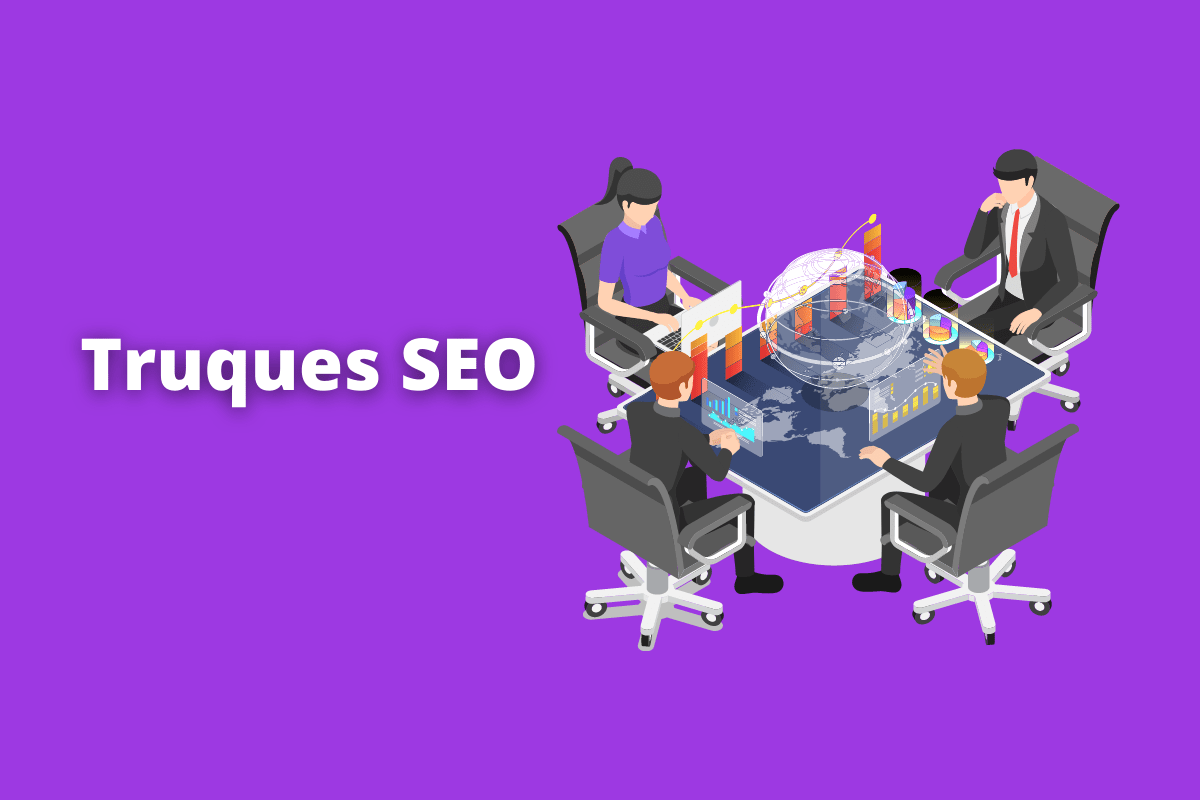 Imagem de várias pessoas na frente de computadores. O fundo da imagem é na cor roxa e tem escrito Truques de SEO