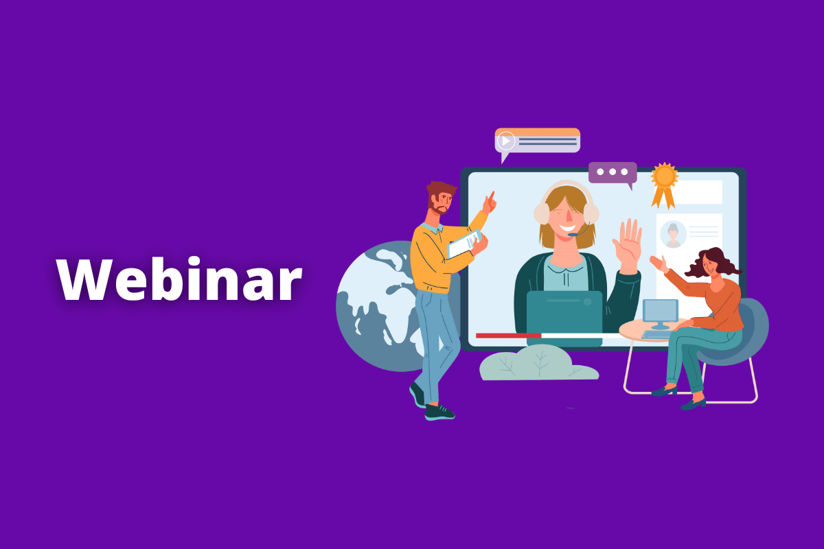 pessoas trabalhando e um monitor gigante ao seu lado. O fundo da imagem é azul e tem-se escrito webinar