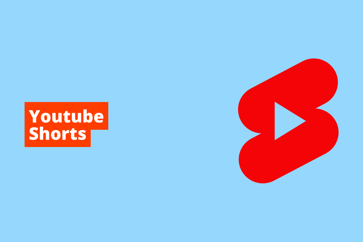 símbolo do youtube shorts. O fundo da imagem é azul e tem-se escrito youtube shorts