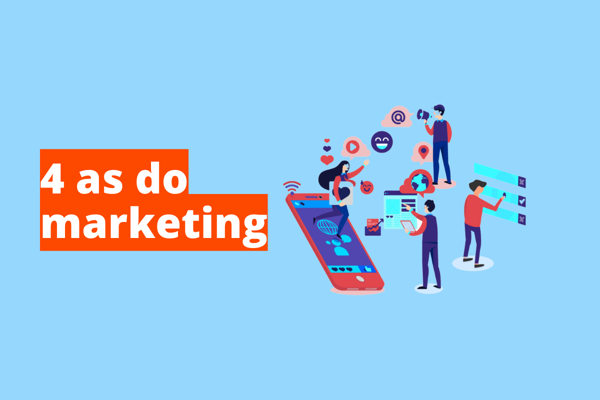 Montagem com fundo azul e frase 4 As do marketing em branco à esquerda com fundo laranja e símbolo web que representa o tema à direita