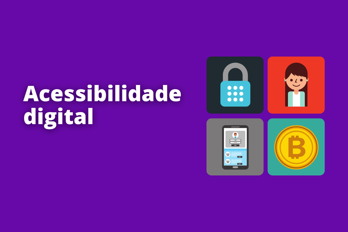 Montagem com fundo roxo e frase Acessibilidade digital em branco à esquerda e símbolo web que representa o tema à direita