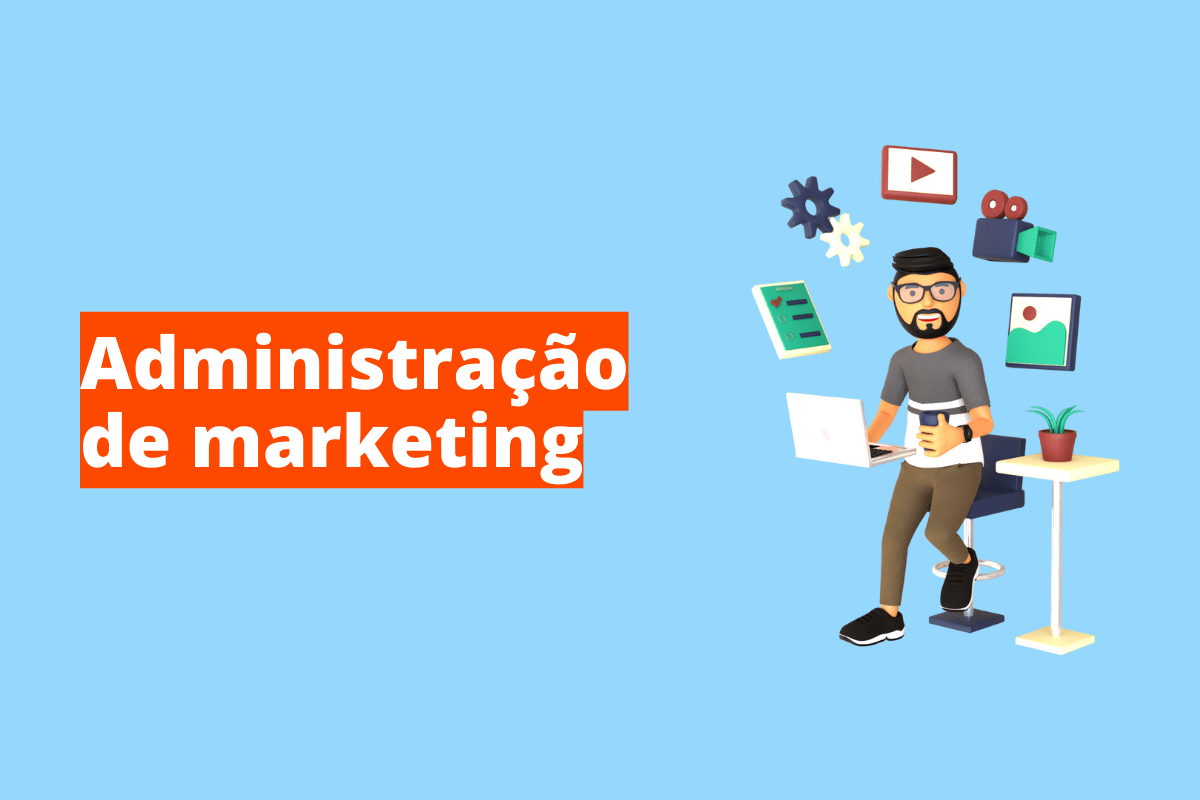 Montagem com fundo azul e frase Administração de marketing em branco à esquerda com fundo laranja e símbolo web que representa o tema à direita