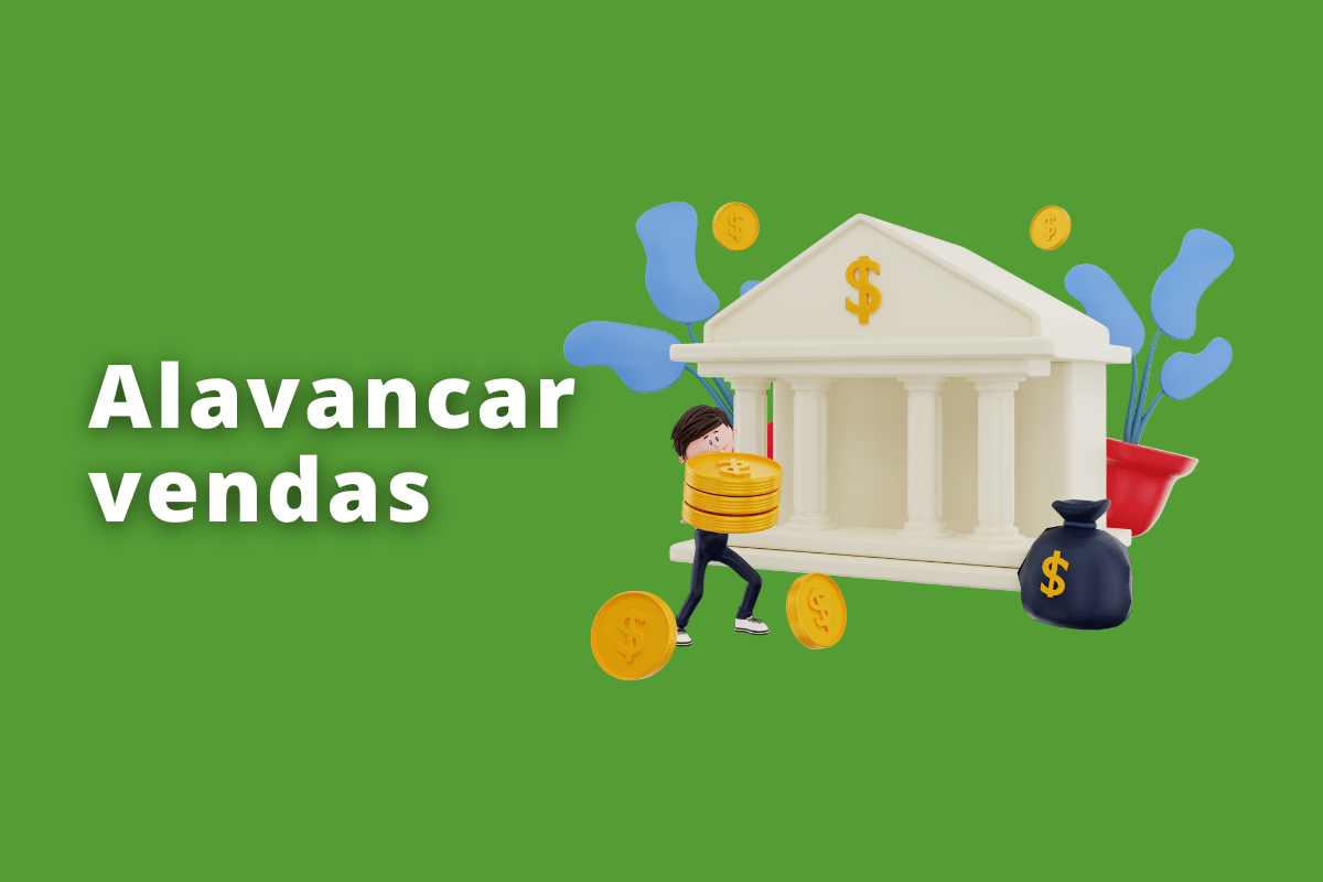 Montagem com fundo verde e frase Alavancar vendas em branco à esquerda e símbolo web que representa o tema à direita