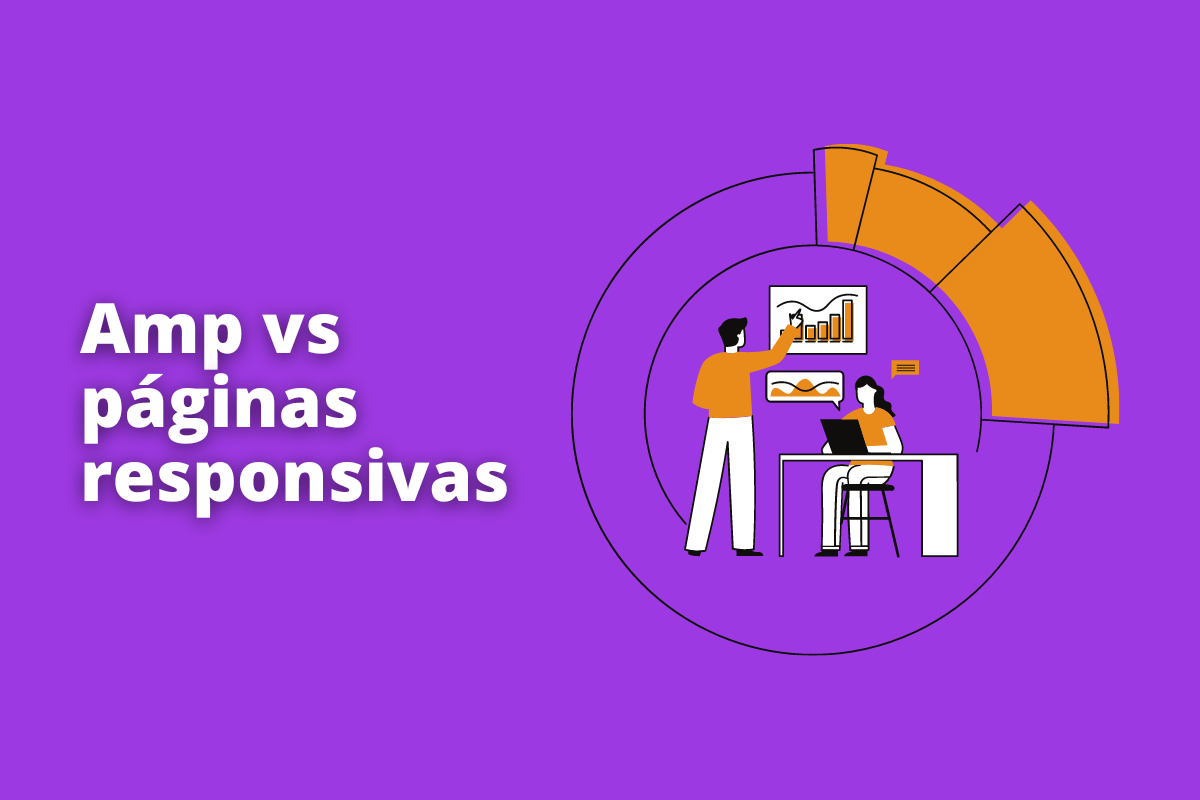 Montagem com fundo roxo e frase Amp vs páginas responsivas na página em branco à esquerda e símbolo web que representa o tema à direita