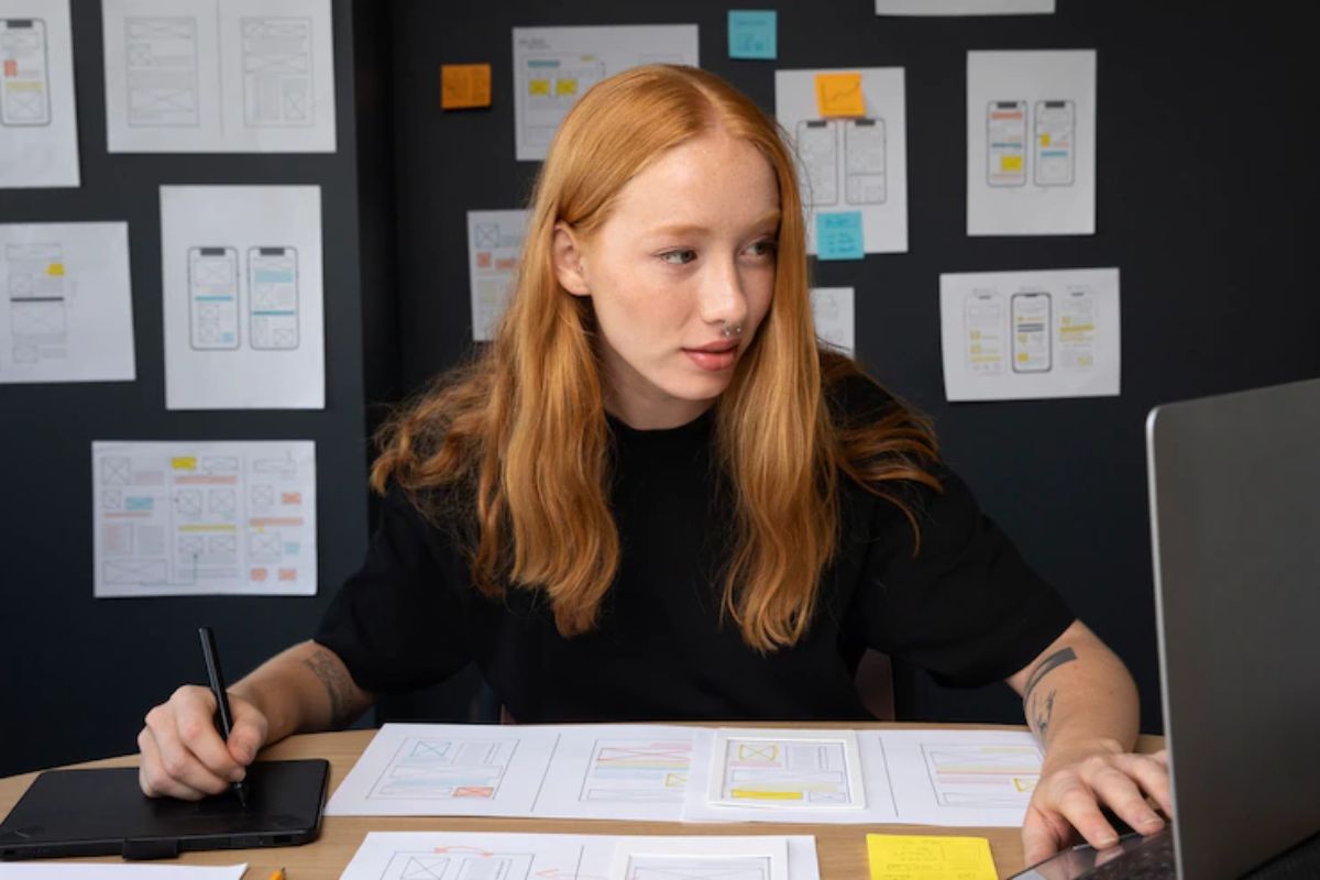 Mulher analisando designs: analista de UI Mulher trabalhando sentada em frente à mesa de madeira redonda com folhas a4 com dados impressos sobre a mesma mesa e com notebook mais adiante e várias folhas com gráficos coladas em parede preta por trás da moça que parece ser analista de UI