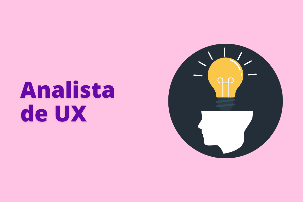 Montagem com fundo rosa e frase Analista de UX em roxo com símbolo web à direita que representa o tema