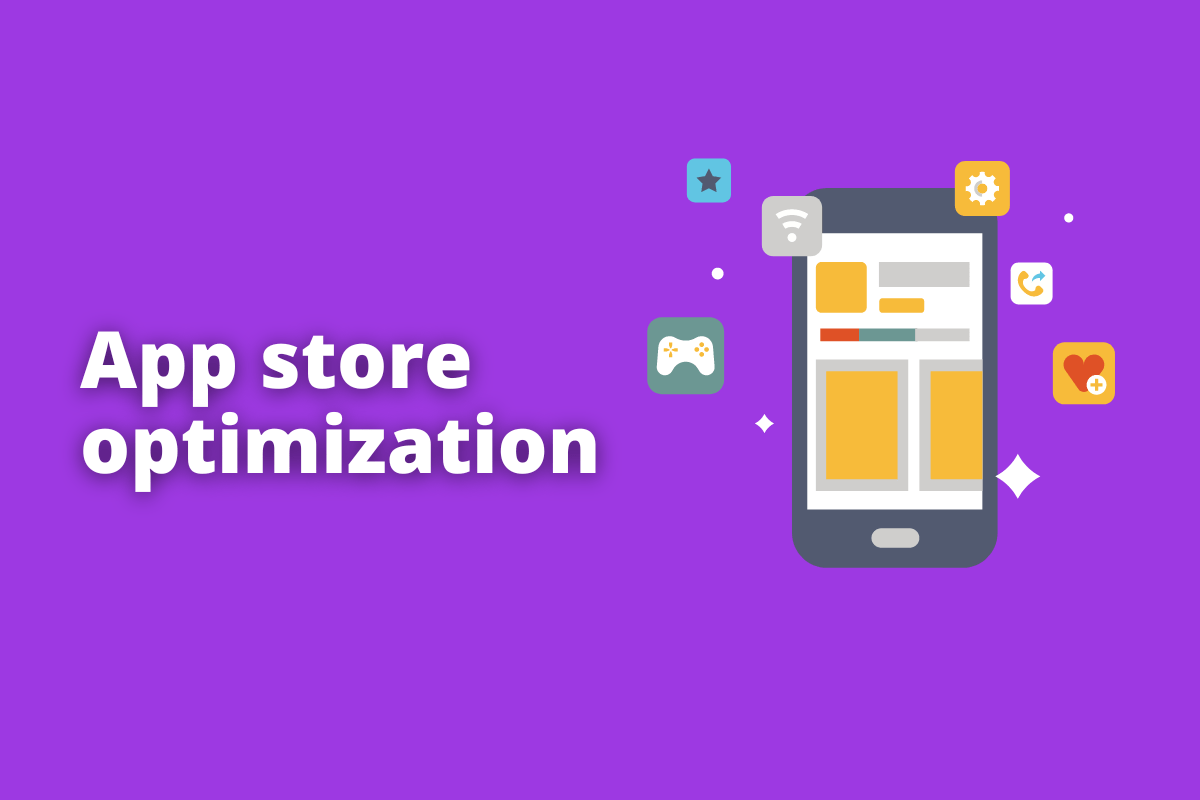 Montagem com fundo roxo e frase App Store Optimization em branco à esquerda e símbolo web que representa o tema à direita
