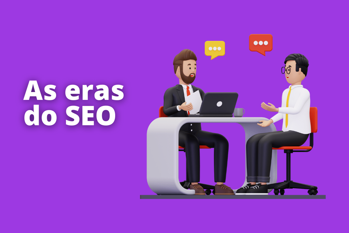 Montagem com fundo roxo e nome As eras do SEO em branco à esquerda e símbolo web que representa o tema à direita