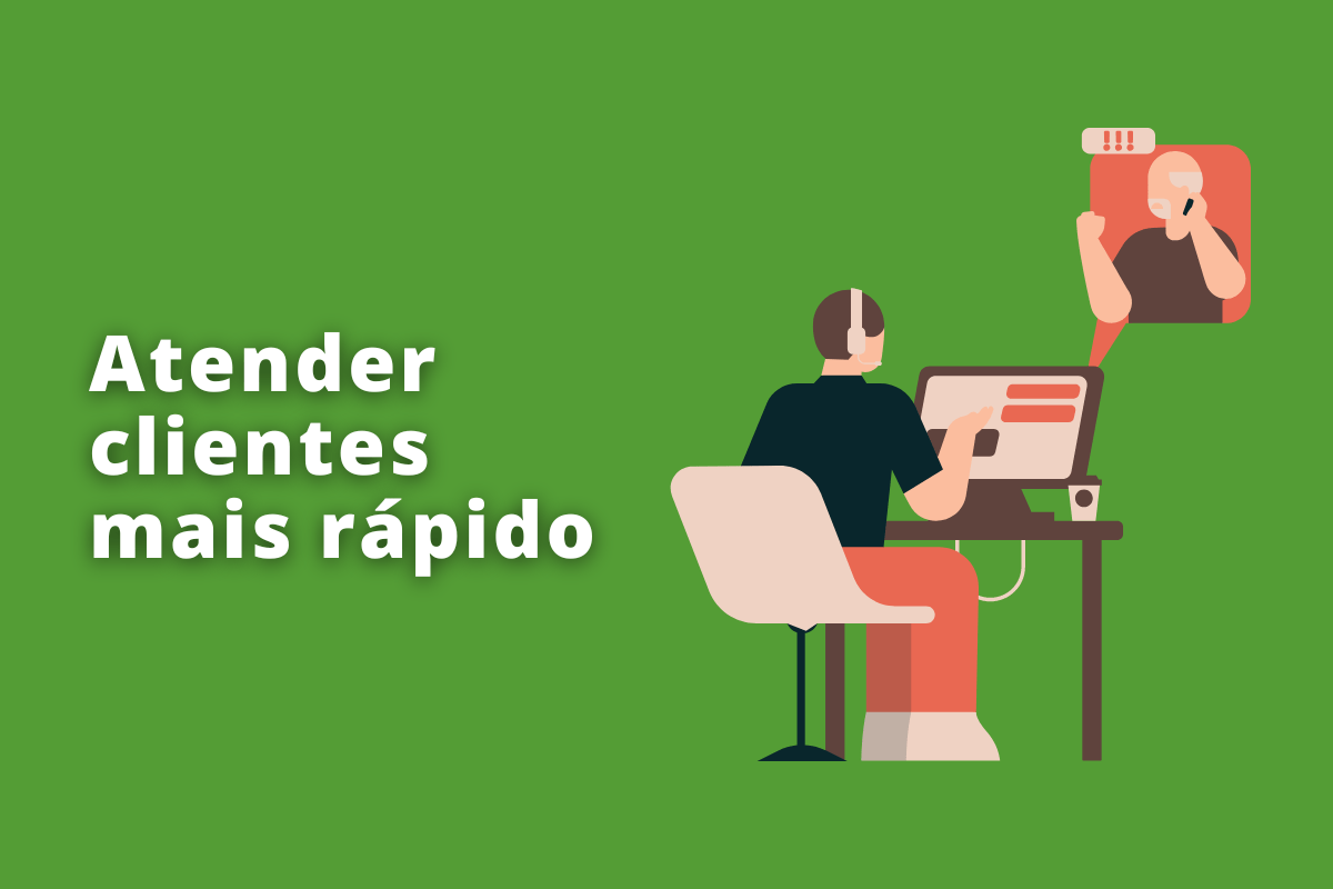 Montagem com fundo verde e frase Atender clientes mais rápido em branco à esquerda e símbolo web que representa o tema à direita