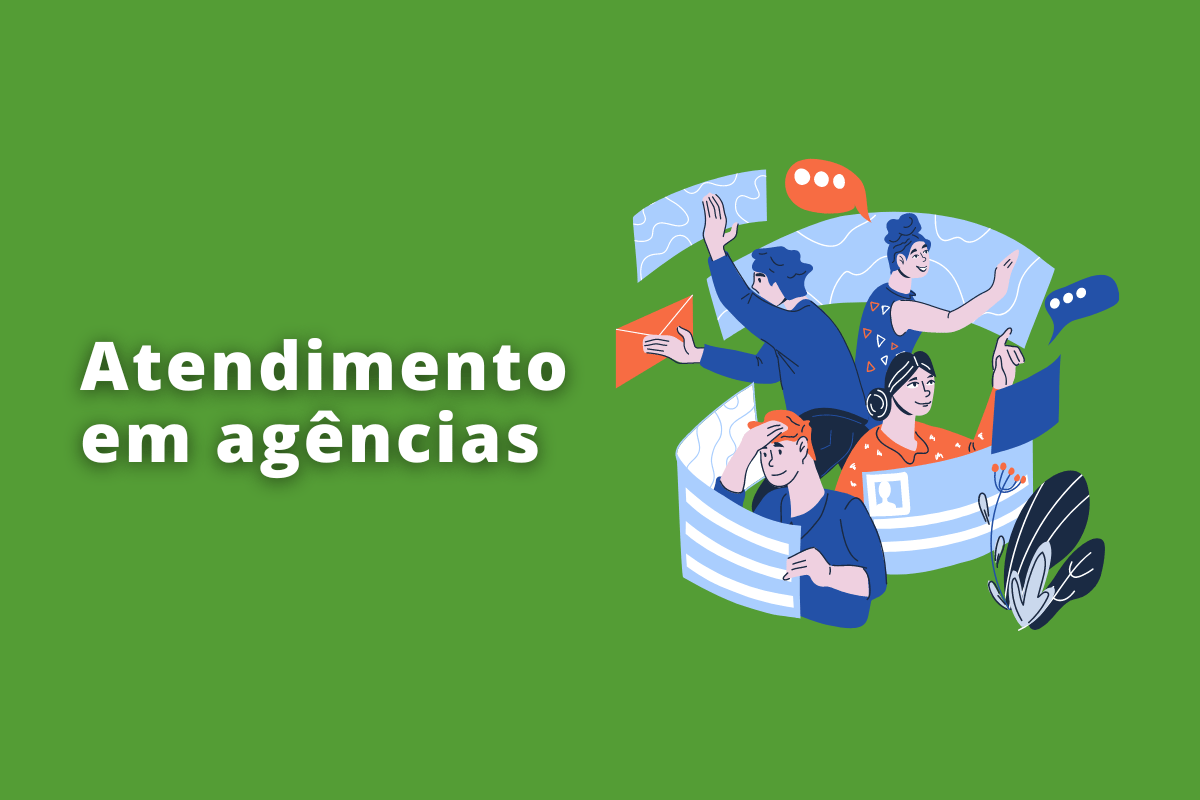 Atendimento para agências: A imagem é um desenho e mostra como é feito um atendimento em uma agência de marketing. O fundo da imagem é verde e tem - escrito Atendimento em agências