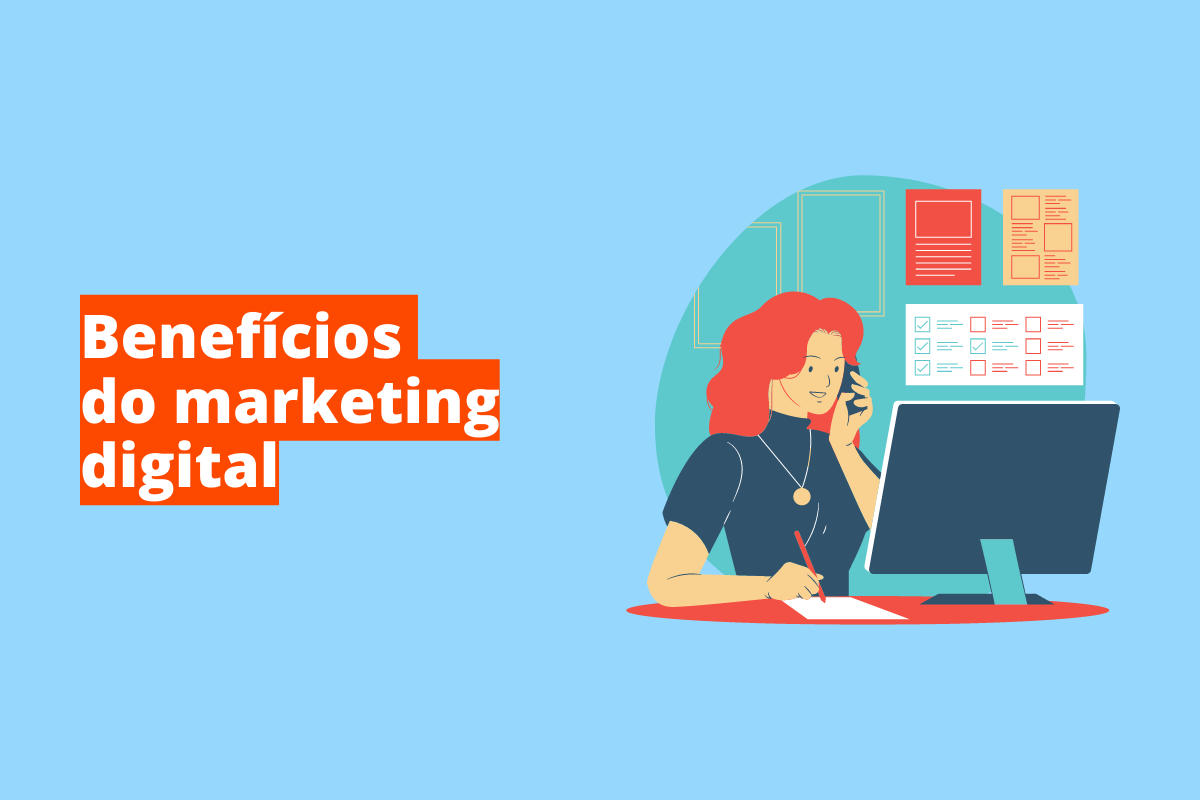 Montagem com fundo azul e frase Benefícios do marketing digital em branco à esquerda com fundo laranja e símbolo web que representa o tema à direita