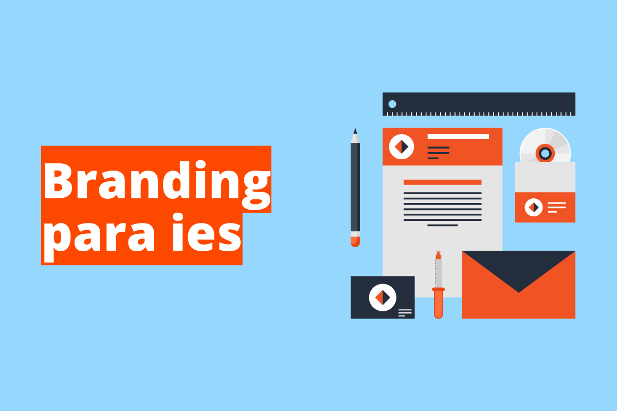 Montagem com fundo azul e frase Branding para IES em branco à esquerda com fundo laranja e símbolo web que representa o tema à direita