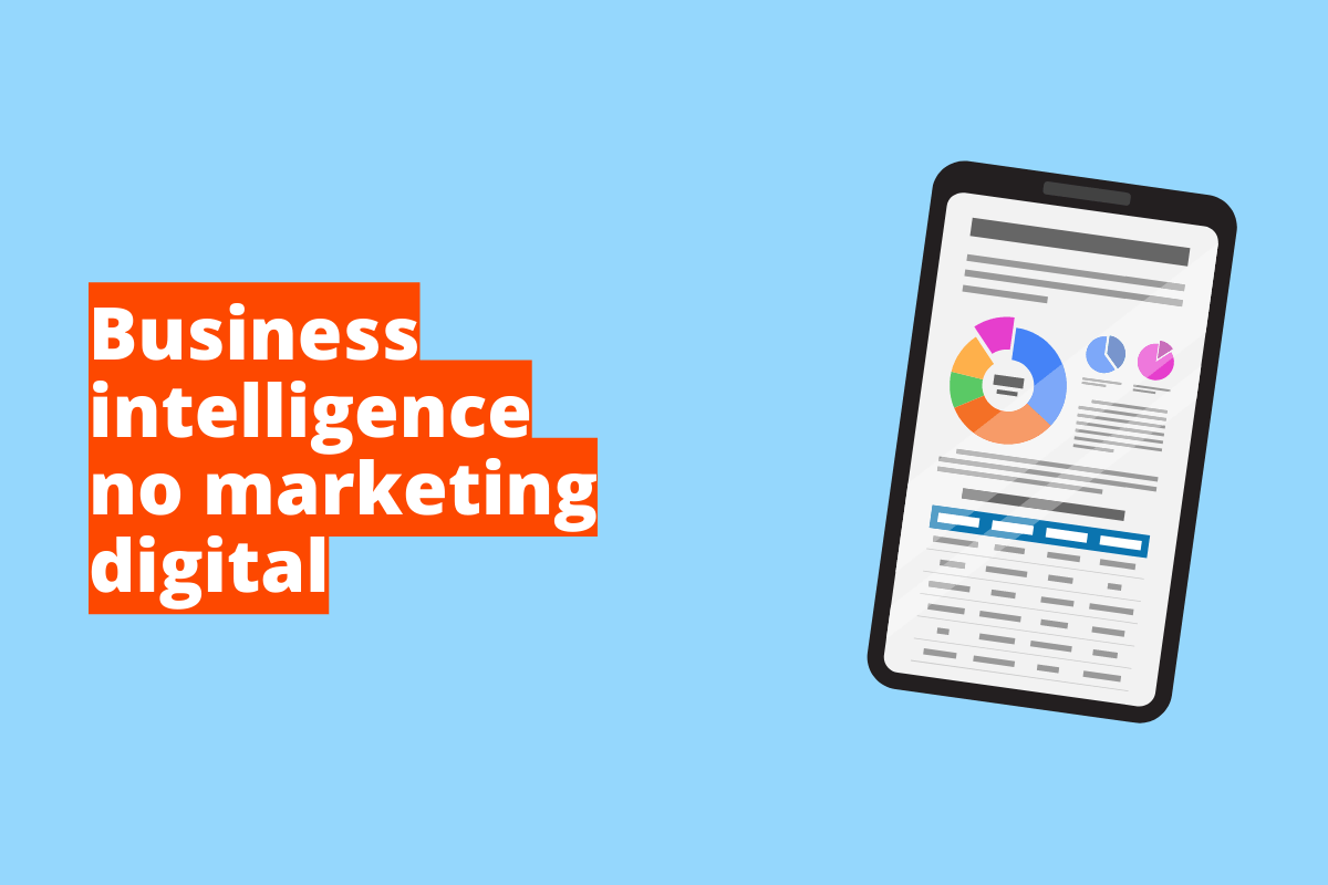 Montagem com fundo azul e frase Business intelligence no marketing digital em branco à esquerda com fundo laranja e símbolo web que representa o tema à direita