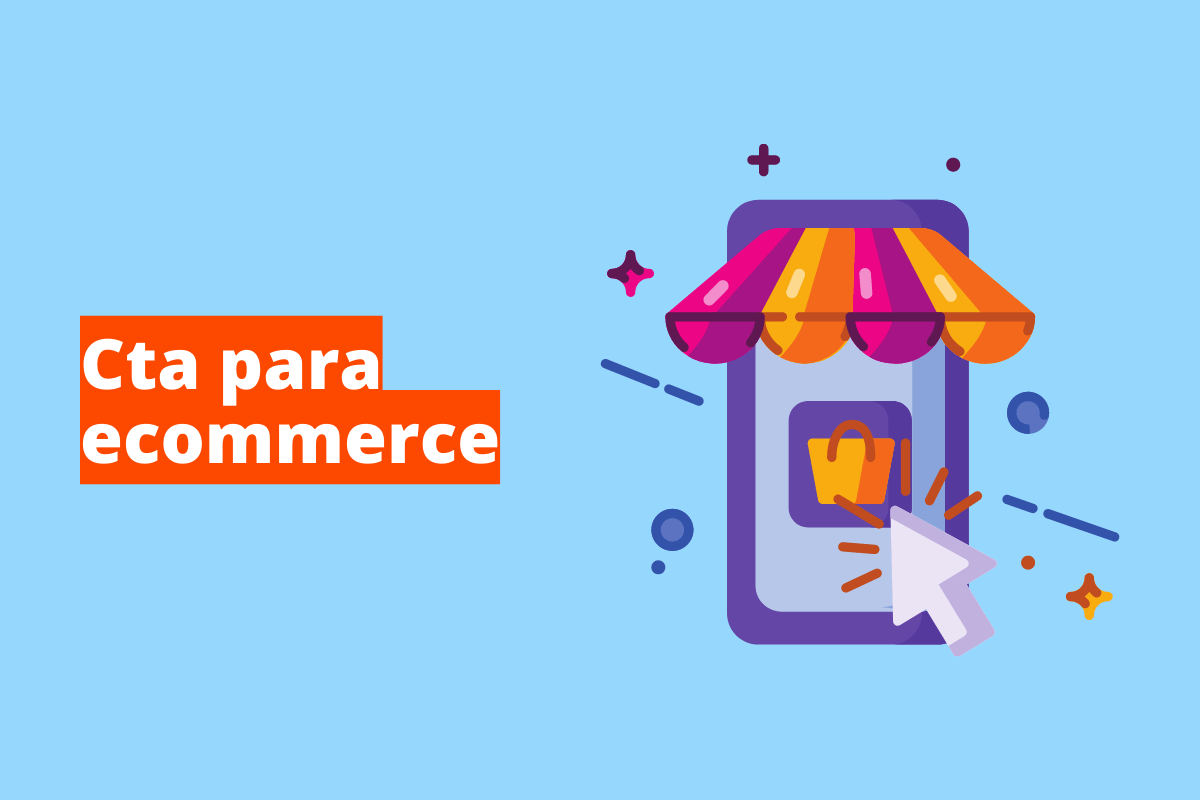 Montagem com fundo azul e frase CTA para e-commerce em branco à esquerda com fundo laranja e símbolo web que representa o tema à direita