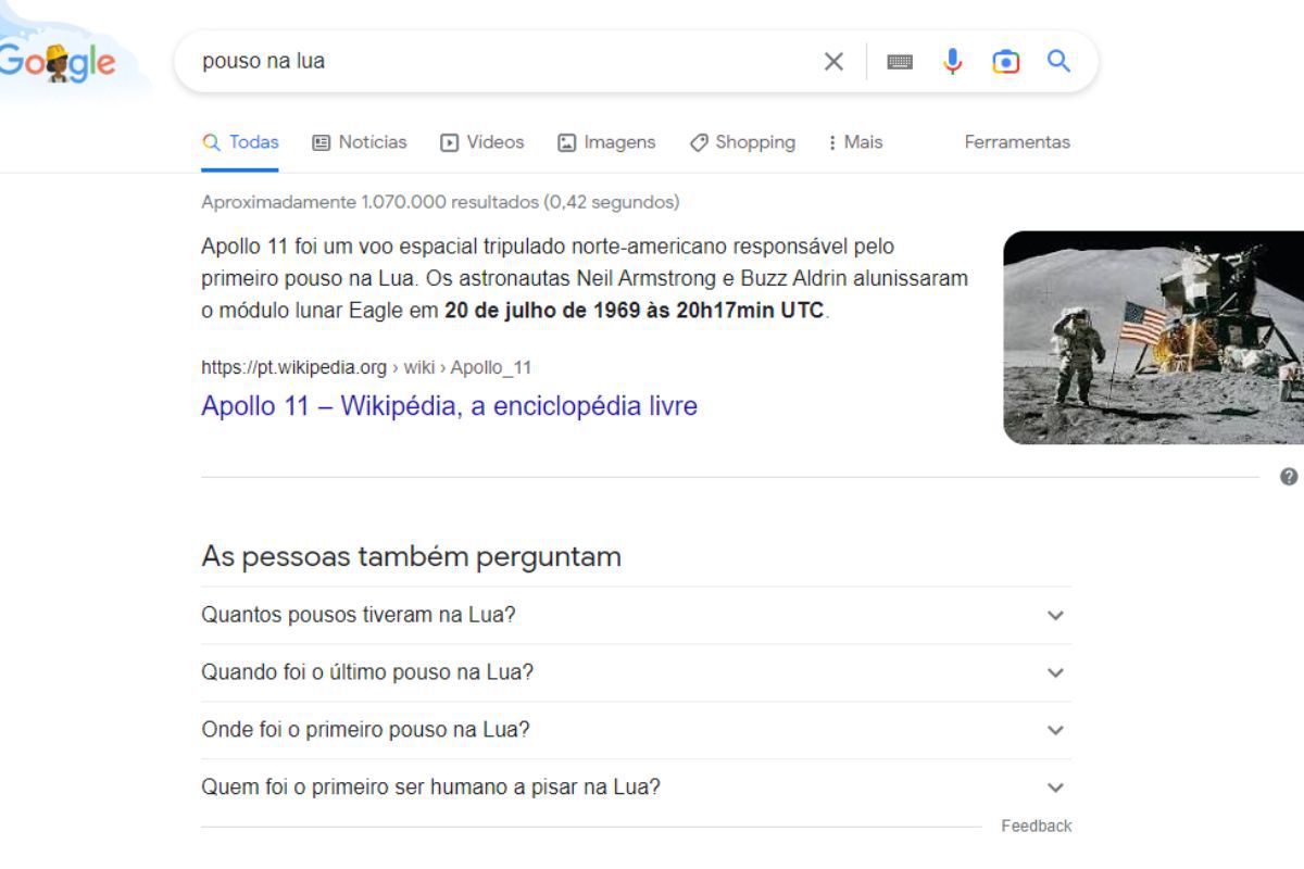Resultados de pesquisa: caixa de resposta do Google Resultados no Google para pesquisa sobre pouso na lua