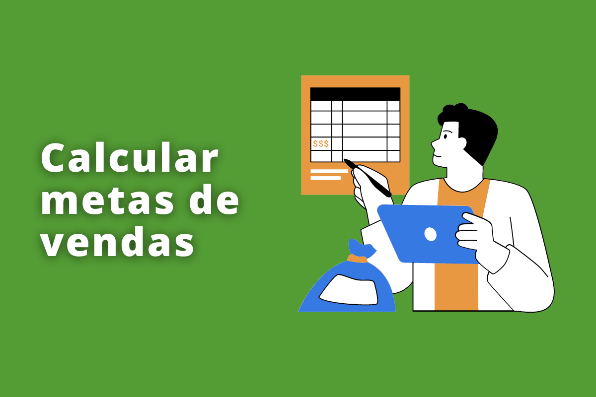 Montagem com fundo verde e frase Calcular metas de vendas em branco à esquerda e símbolo web que representa o tema à direita