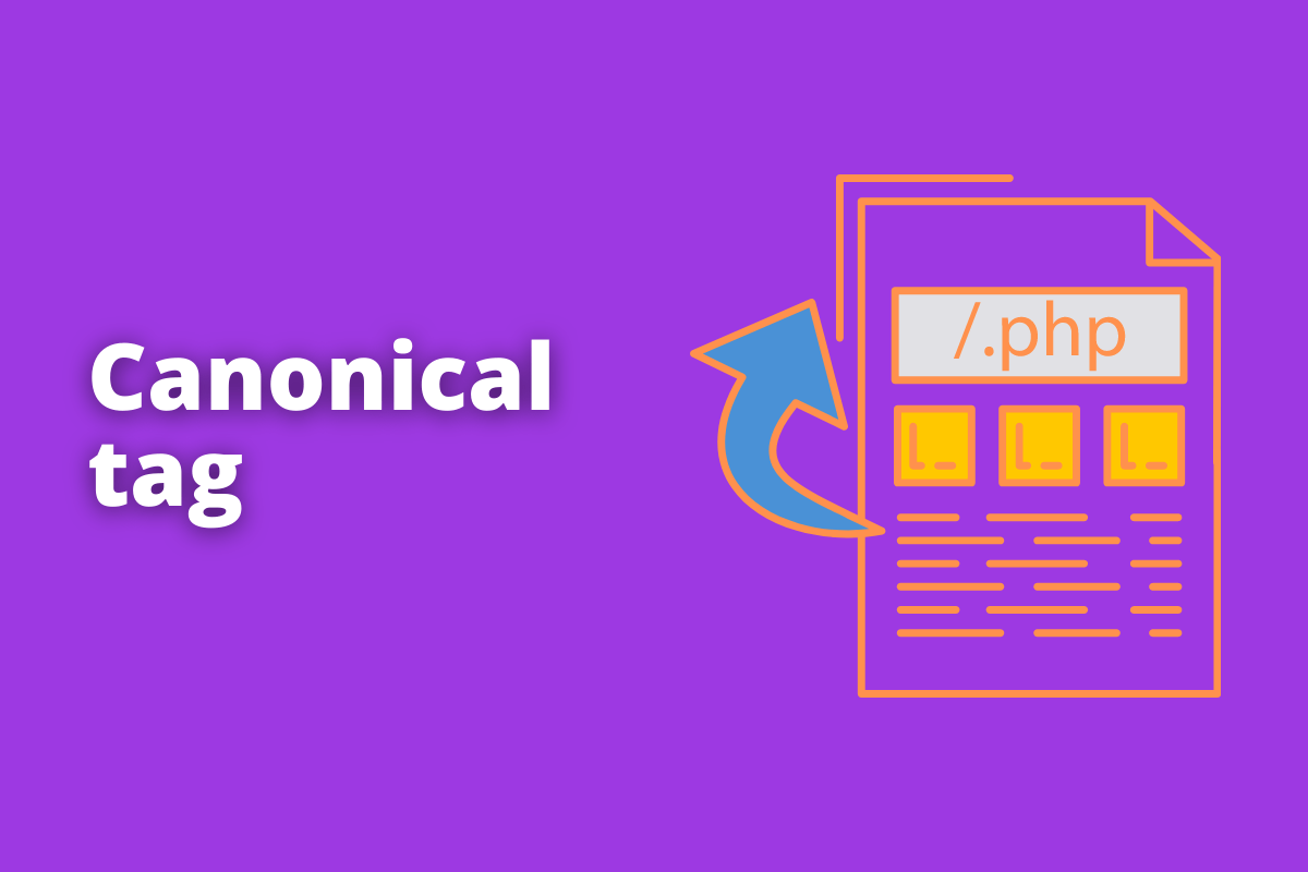 Montagem com fundo roxo e frase Canonical tag em branco à esquerda e símbolo web que representa o tema à direita
