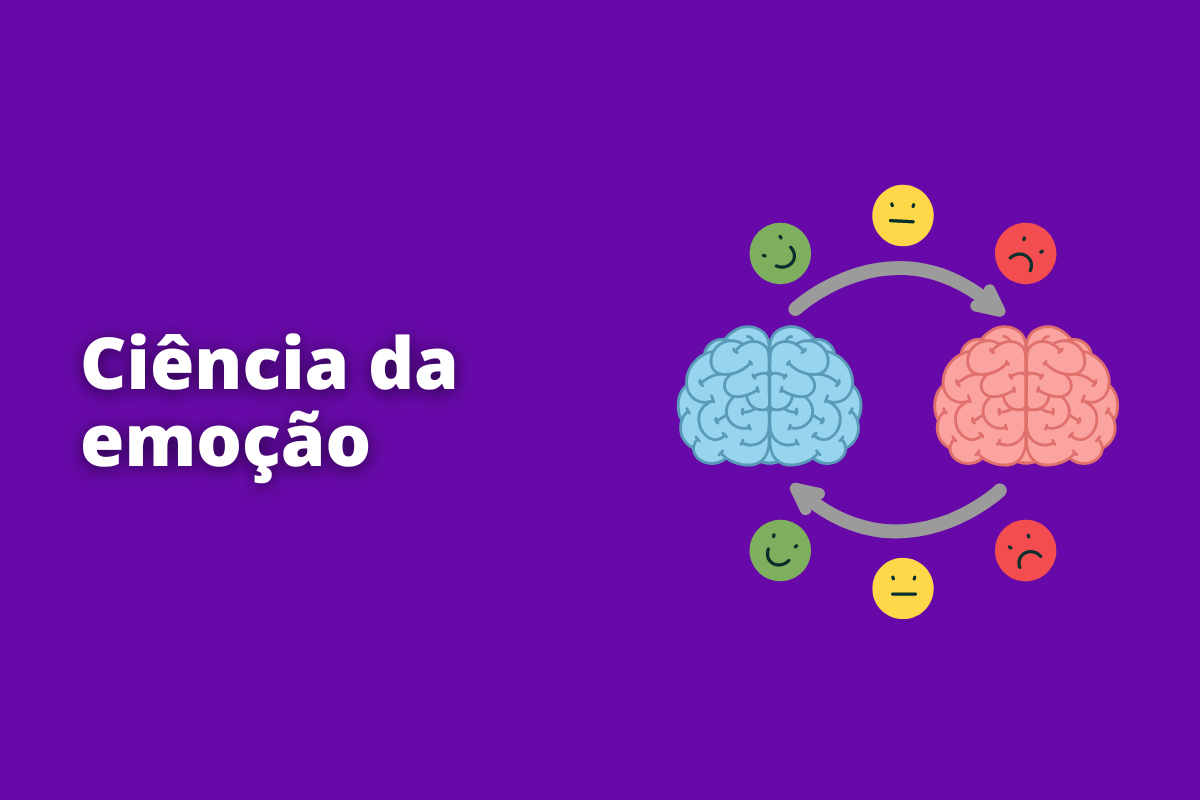 Montagem com fundo roxo e frase Ciência da emoção em branco à esquerda e símbolo web que representa o tema à direita