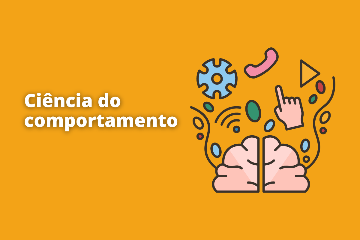 Montagem com fundo laranja e nome Ciência do comportamento em branco à esquerda e símbolo web que representa o tema à direita