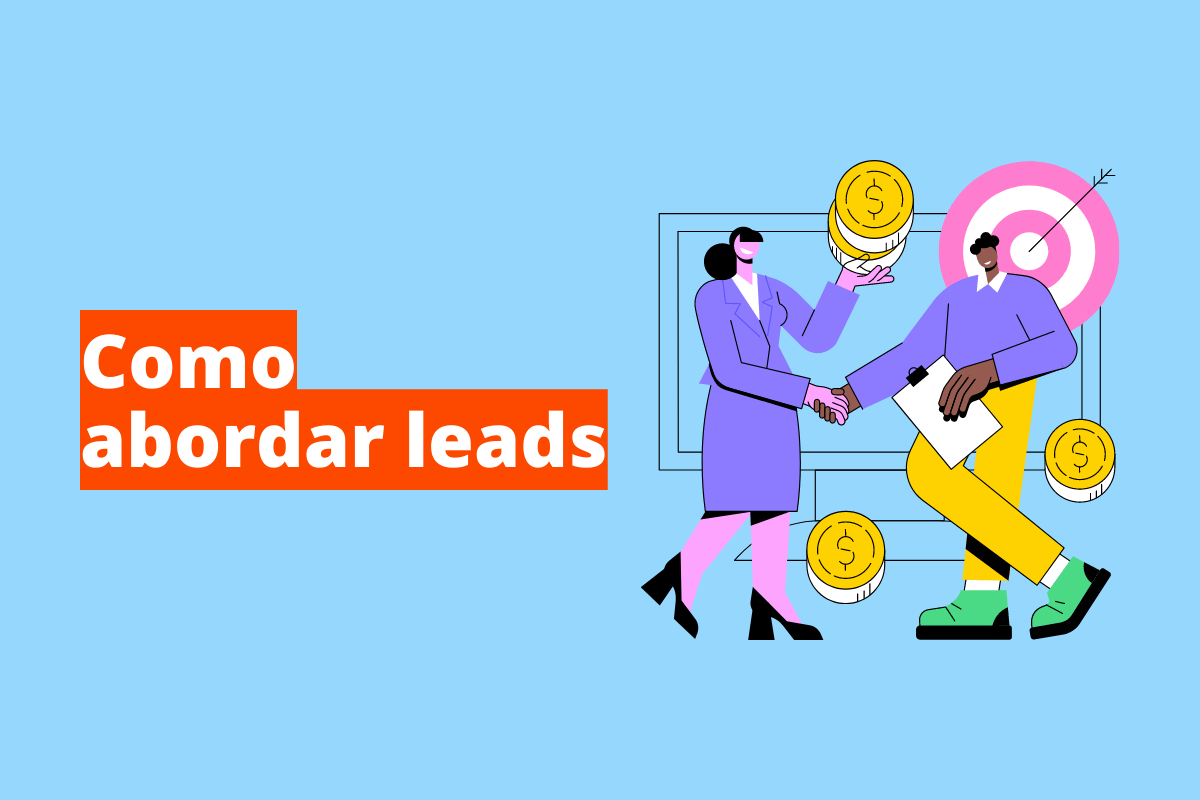 Montagem com fundo azul e frase Como abordar leads em branco à esquerda com fundo laranja e símbolo web que representa o tema à direita