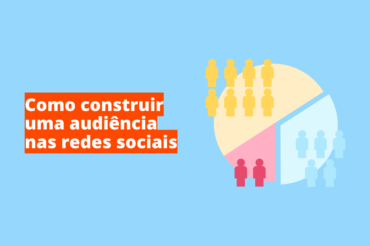 Montagem com fundo azul e frase Como construir uma audiência nas redes sociais em branco à esquerda com fundo laranja e símbolo web que representa o tema à direita