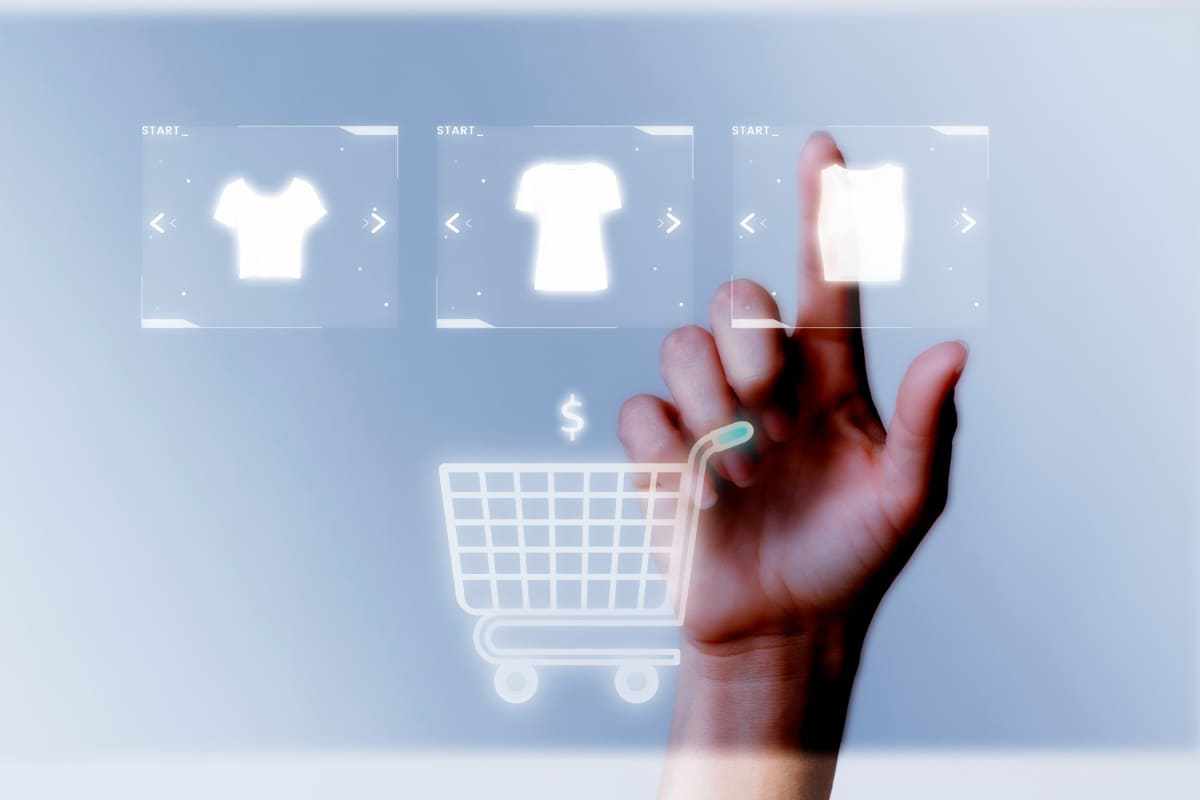 Compras online: como divulgar e-commerce Montagem com pessoa clicando em símbolos de roupas na tela em cima de carrinho de compras como se estivesse fazendo compras em dispositivo touch screen