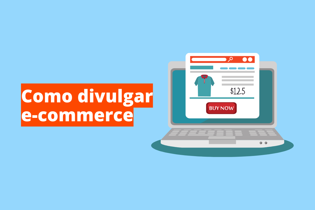 Montagem com fundo azul e frase Como divulgar e-commerce em branco à esquerda com fundo laranja e símbolo web que representa o tema à direita