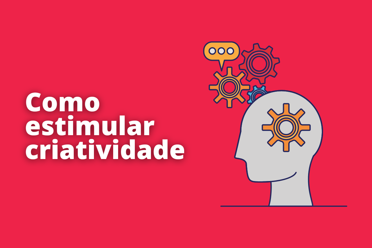 Montagem com fundo vermelho e frase Como estimular criatividade em branco à esquerda e símbolo web que representa o tema à direita