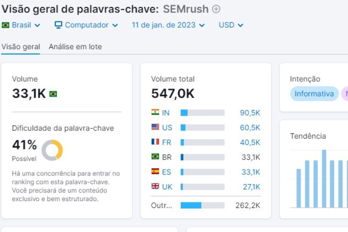 Visão geral de palavras-chave de blog em captura de tela