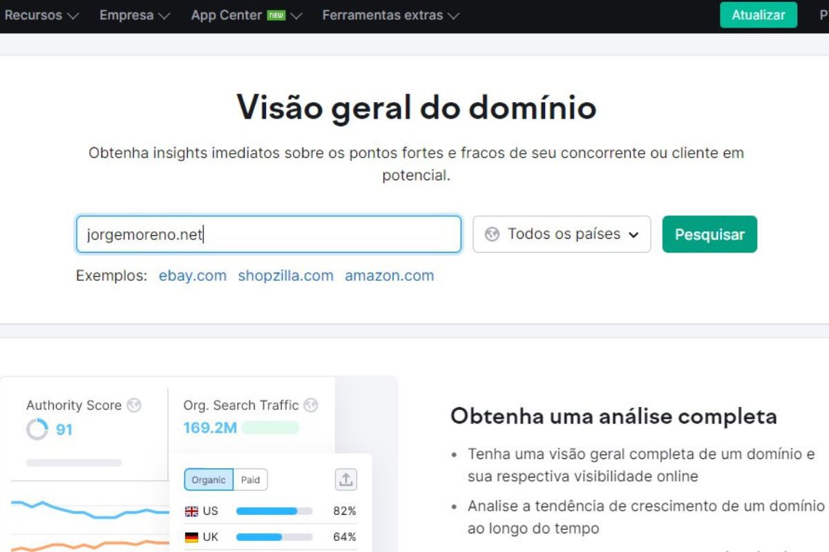 Dados analíticos: como usar SEMrush Captura de tela do SEMrush com dados do site jorgemoreno.net em barra de pesquisa