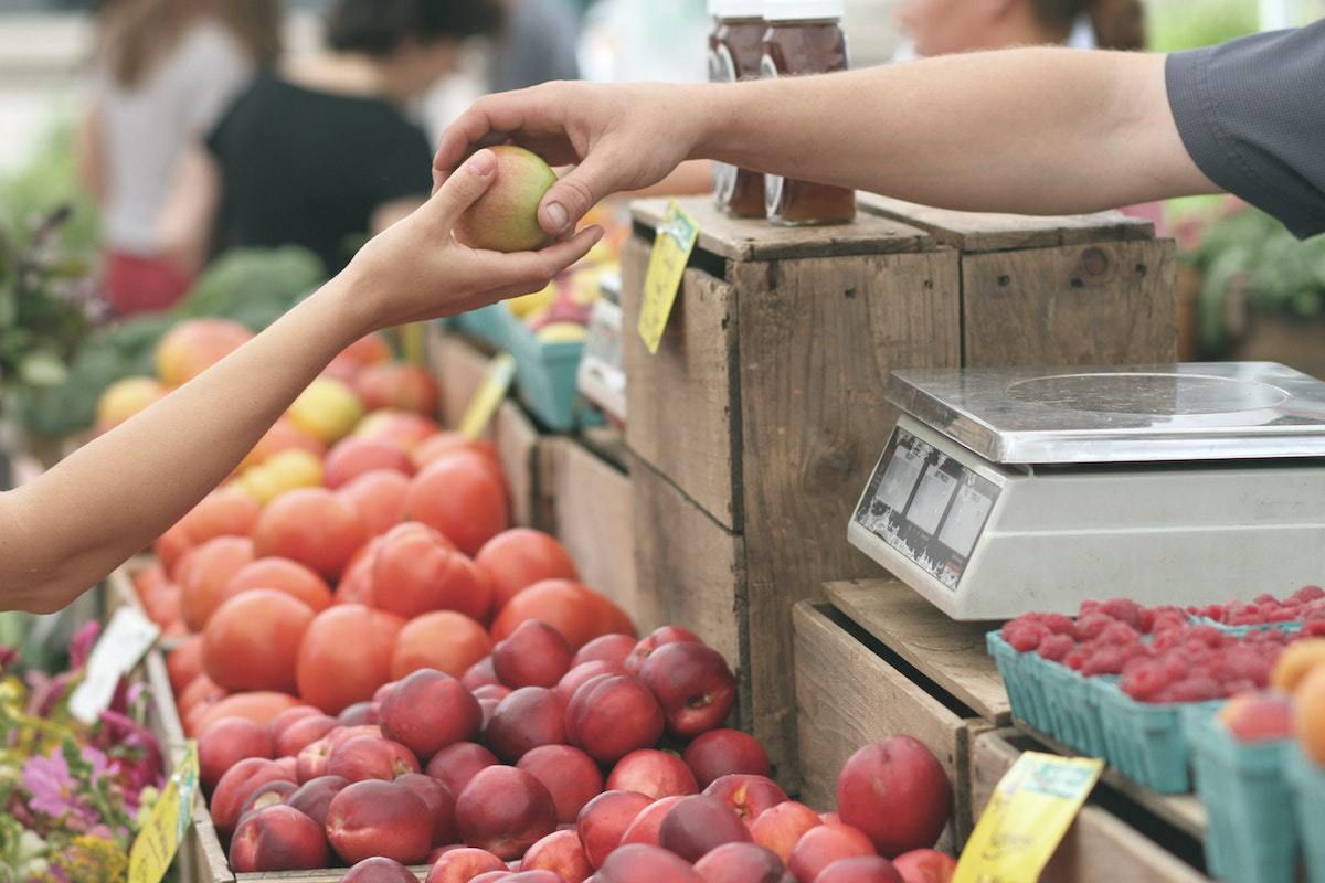 Banca de frutas: conquistar clientes Mão feminina recebendo maçã na feira em banca de madeira com várias frutas expostas de homem com camisa cinza diante de balcão com balança comum