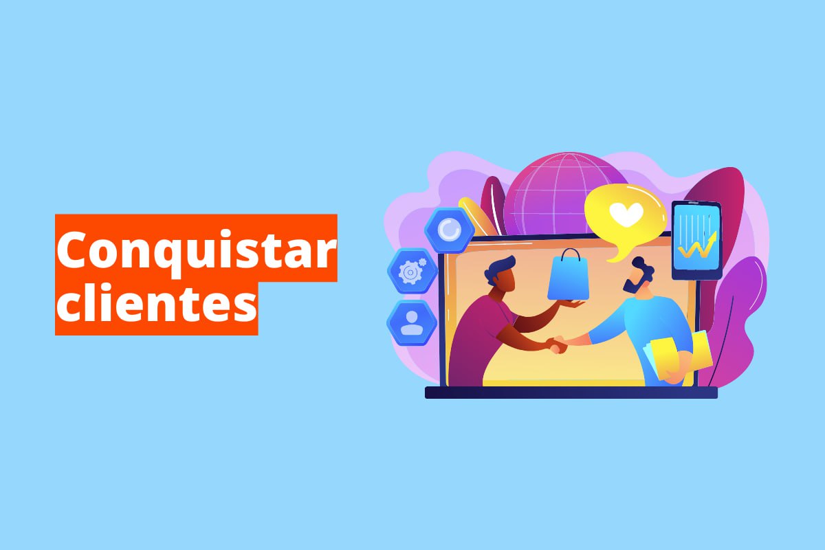 Montagem com fundo azul e frase Conquistar clientes em branco à esquerda com fundo laranja e símbolo web que representa o tema à direita