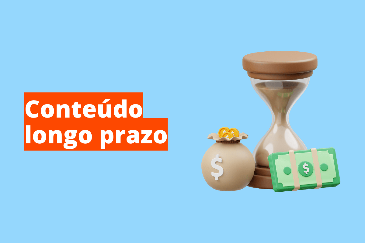 Montagem com fundo azul e frase Conteúdo longo prazo em branco à esquerda com fundo laranja e símbolo web que representa o tema à direita