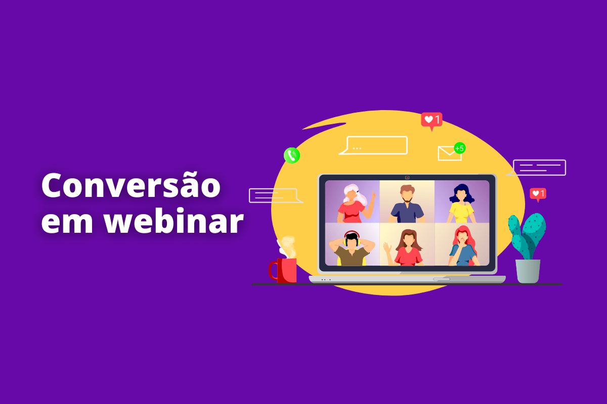 Montagem com fundo roxo e frase Conversão em webinar em branco à esquerda e símbolo web que representa o tema à direita