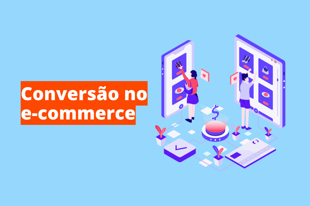 Montagem com fundo azul e frase Conversão no e-commerce em branco à esquerda com fundo laranja e símbolo web que representa o tema à direita