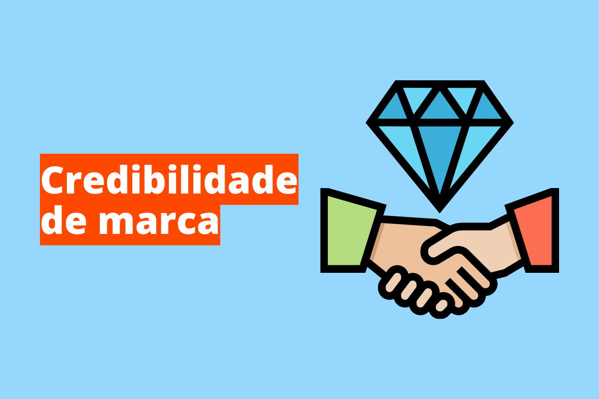 Montagem com fundo azul e frase Credibilidade de marca em branco à esquerda com fundo laranja e símbolo web que representa o tema à direita