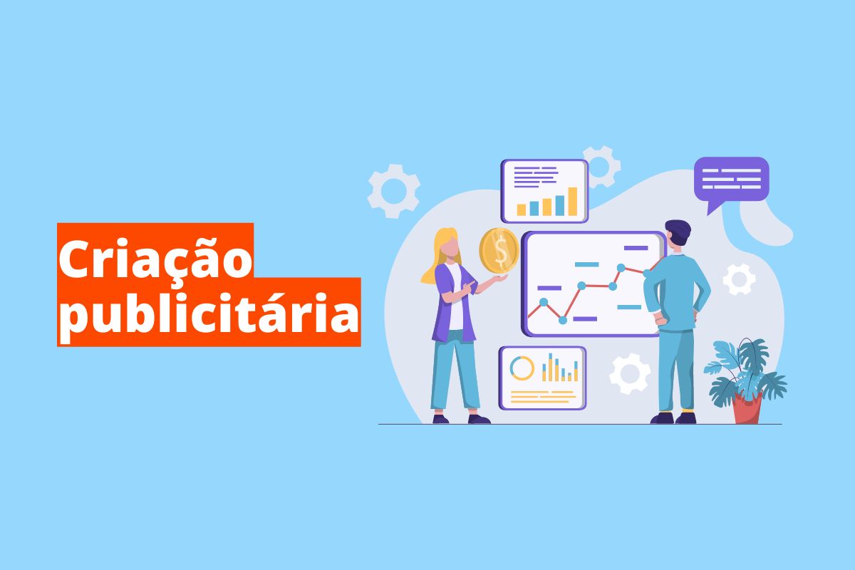 Montagem com fundo azul e frase Criação publicitária em branco à esquerda com fundo laranja e símbolo web que representa o tema à direita