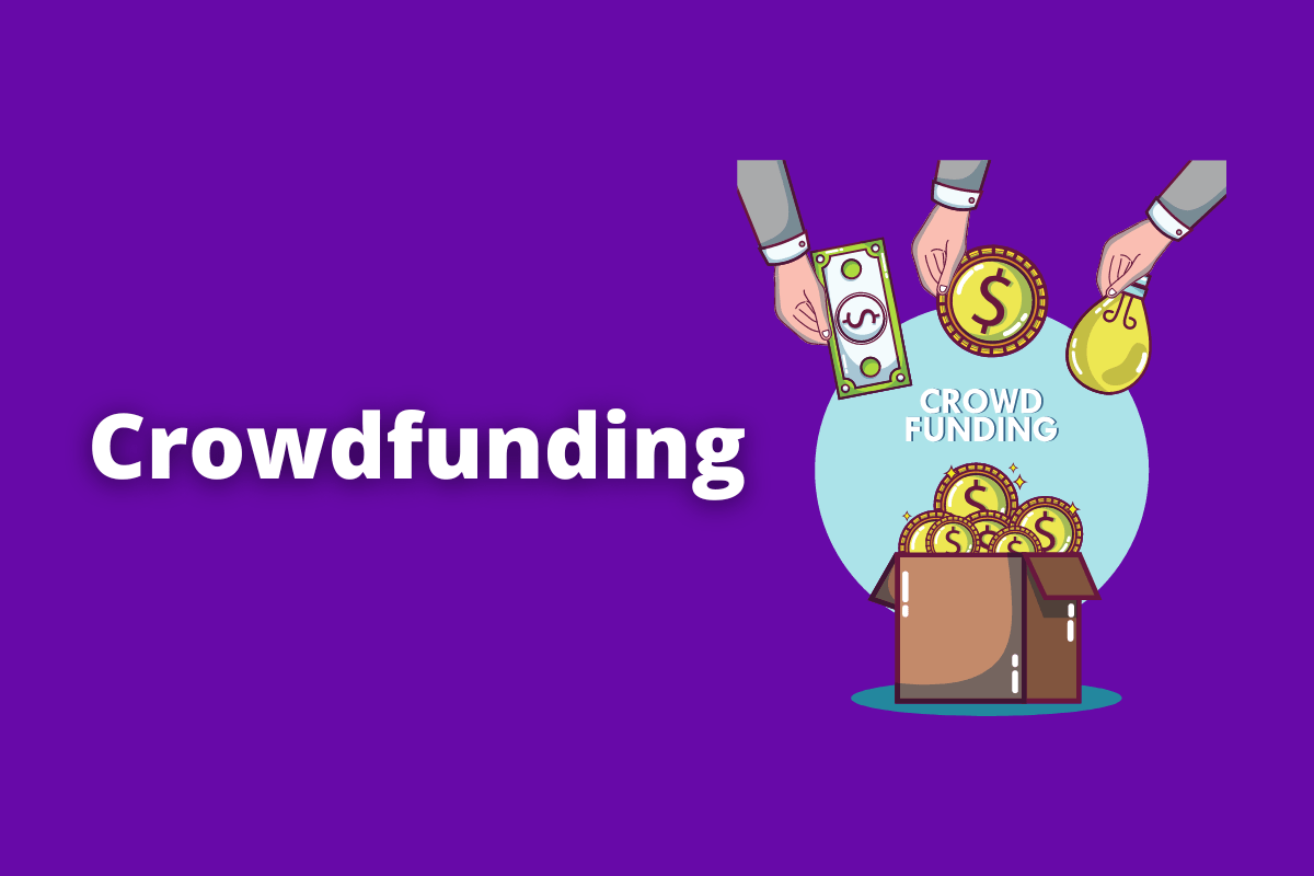 Montagem com fundo roxo e nome Crowdfunding em branco à esquerda e símbolo web que representa o tema à direita