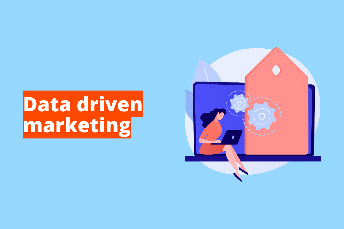 Montagem com fundo azul e frase Data driven Marketing em branco à esquerda com fundo laranja e símbolo web que representa o tema à direita