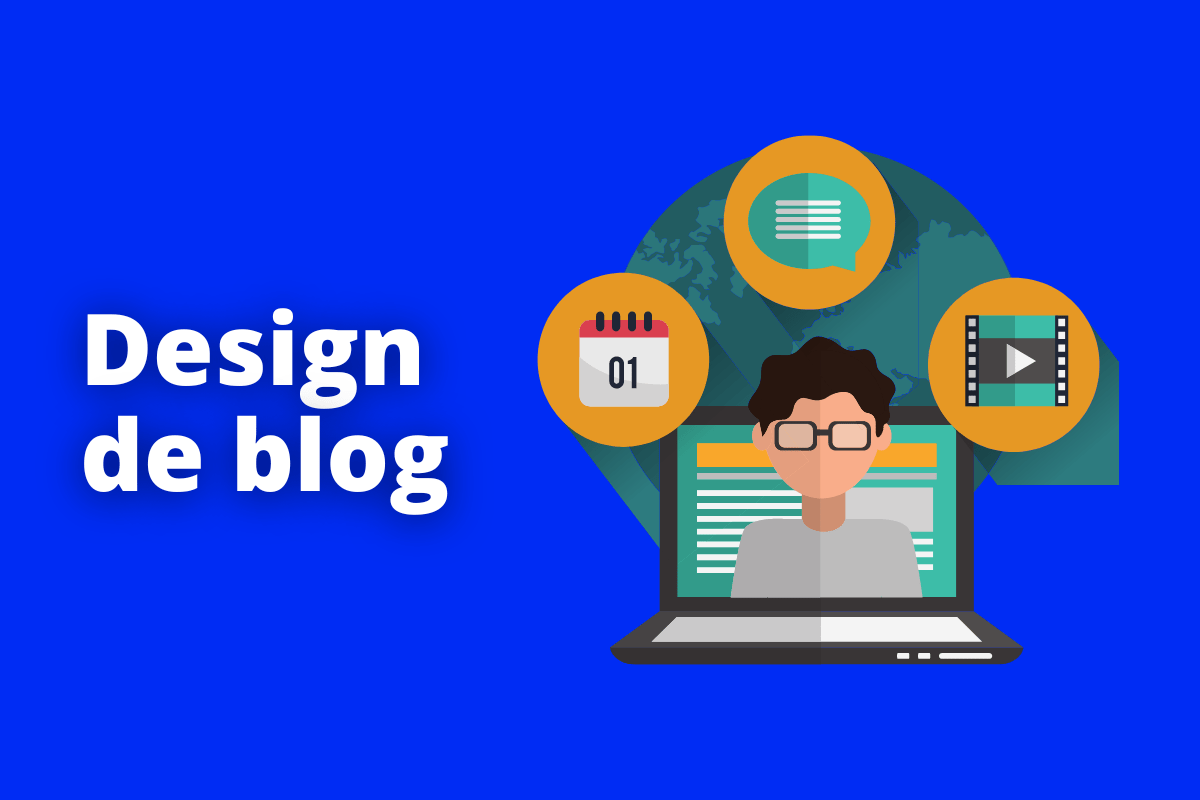 Montagem com fundo azul e frase Design de blog em branco com símbolo web à direita que representa o tema
