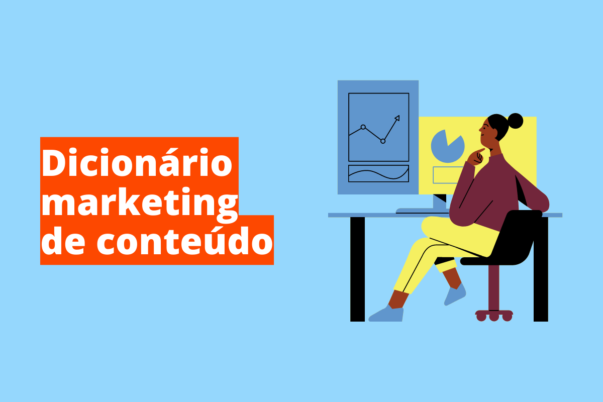 Montagem com fundo azul e frase Dicionário marketing de conteúdo em branco à esquerda com fundo laranja e símbolo web que representa o tema à direita
