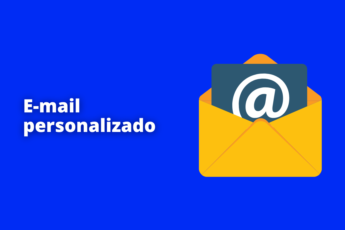 Montagem com fundo azul e frase E-mail personalizado em branco com símbolo web à direita que representa o tema