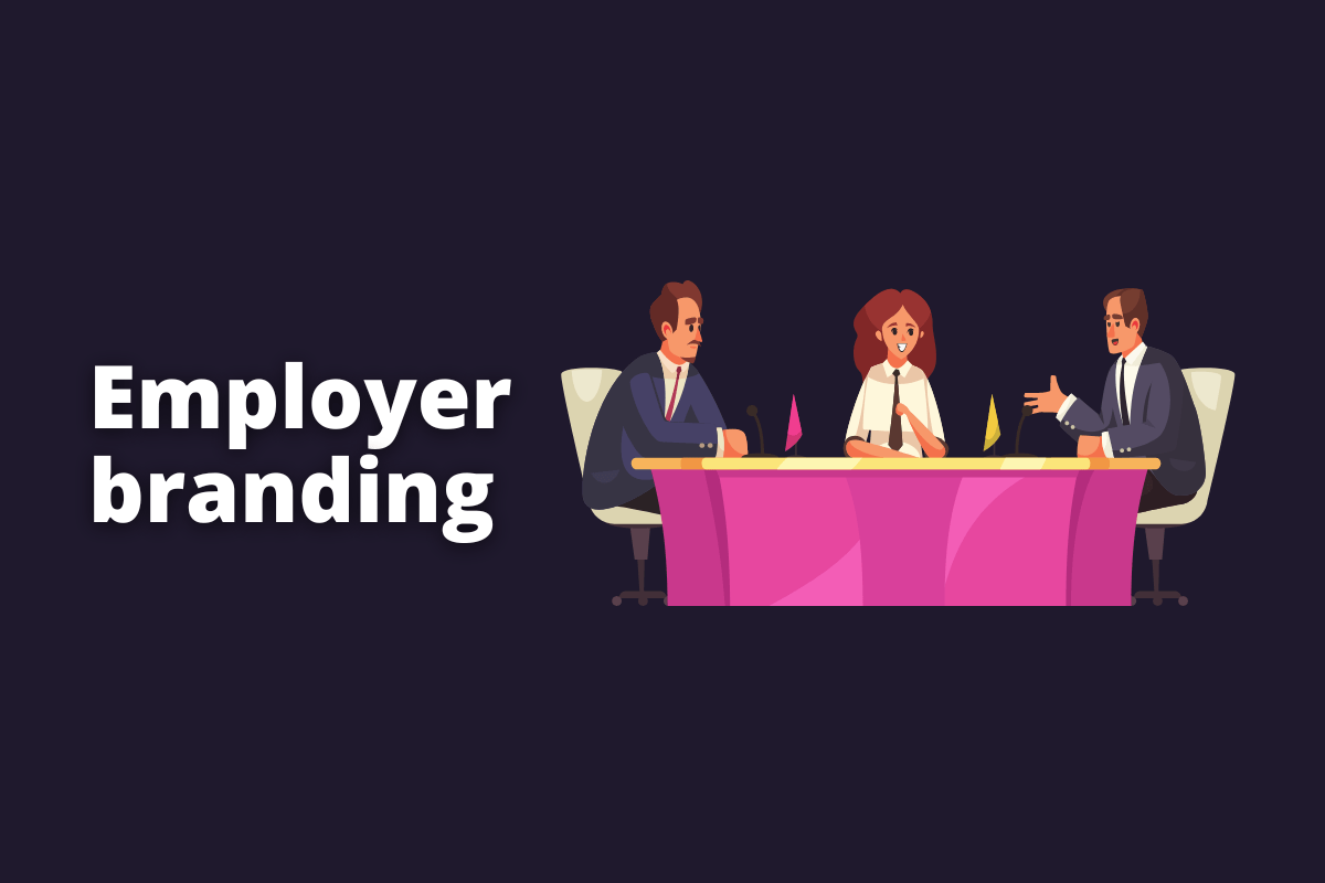 Montagem com fundo preto e frase Employer branding em branco com símbolo web à direita que representa o tema
