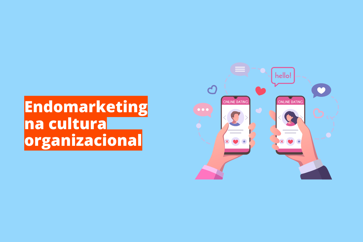 Montagem com fundo azul e frase Endomarketing na cultura organizacional em branco à esquerda com fundo laranja e símbolo web que representa o tema à direita